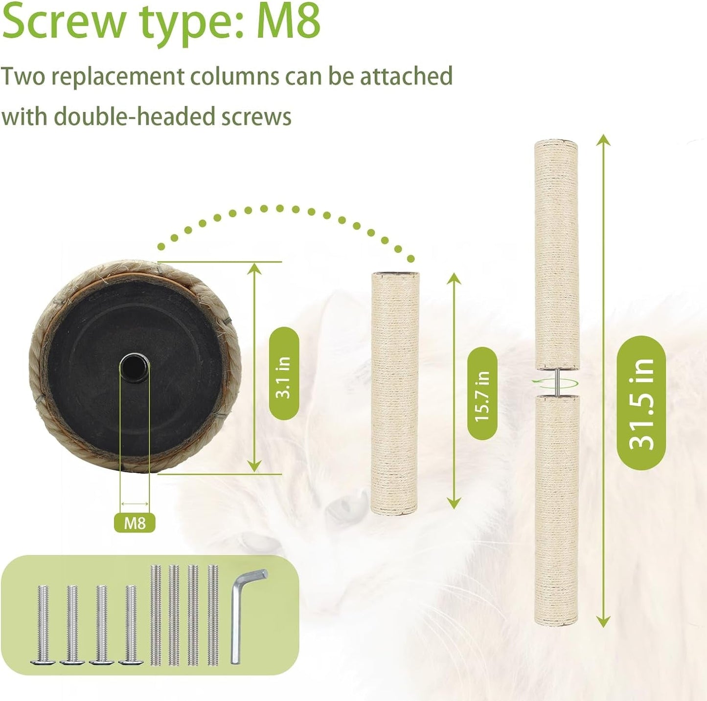 4 Pcs Cat Scratching Post Replacement for Indoor 15.7 X 3.1 Inches Cats Tree Replacement Parts Natural Sisal Cat Scratch Posts Refill Pole Part with M8 Screws Spare Cat Furniture Accessories