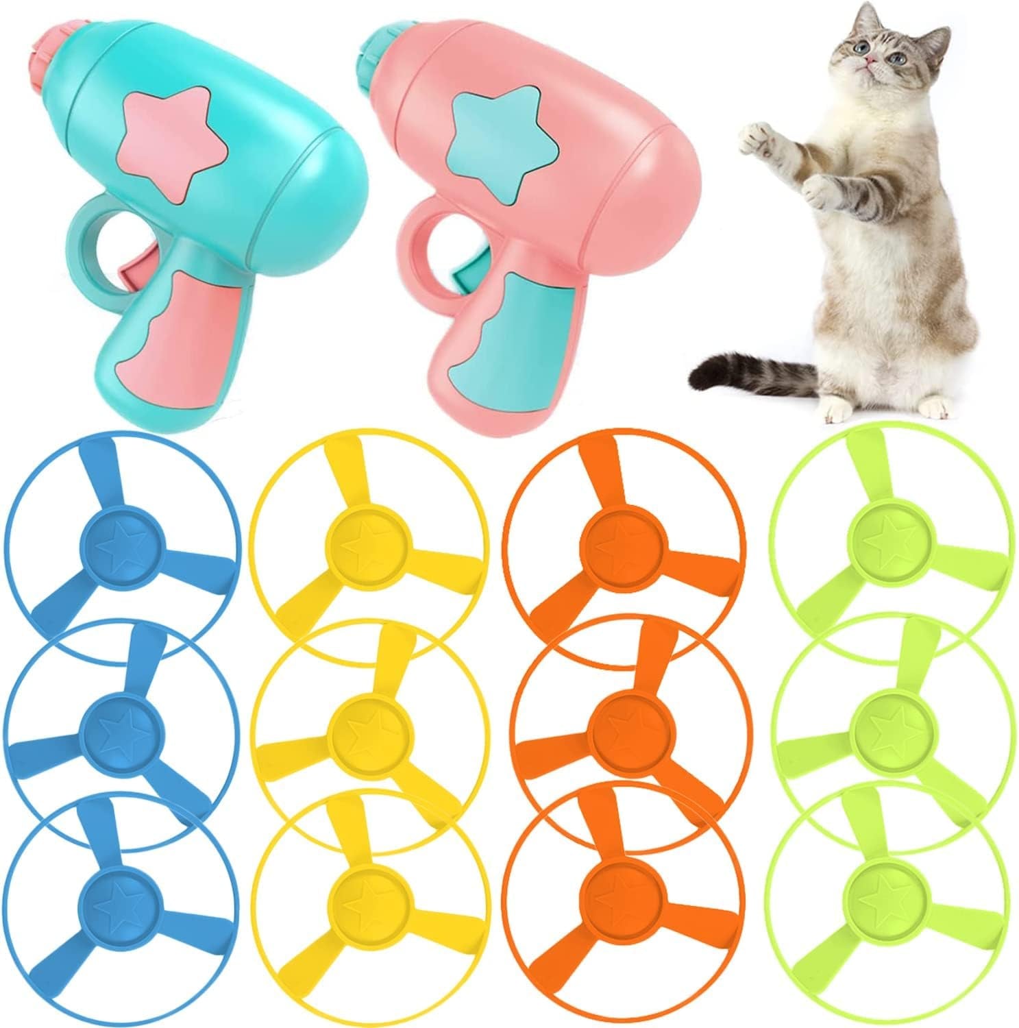 14 PCS Cat Fetch Toy with Colorful Flying Propellers Set, Cat Playing Tracking Interactive Toys for Kitten Chasing Training Hunting