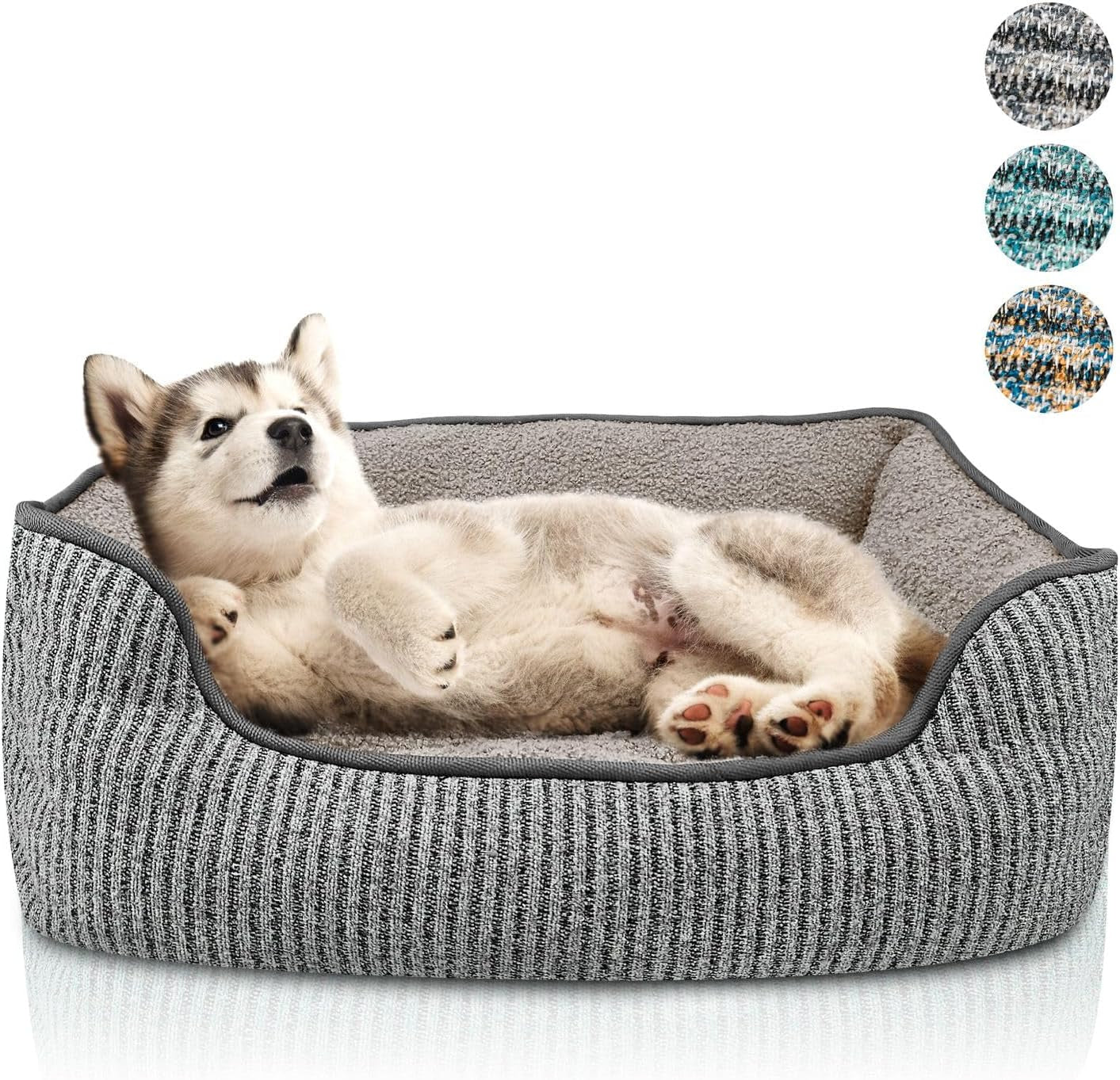 Dog Bed for Small Dogs & Cats, Dog Sofa Dog Basket Cat Bed, Removable Cushion Pillow, Washable Pet Bed with anti Slip Mat Bottom, Striped Fabric & Plush Teddy Fur Fleece, Size S, Color:Grey