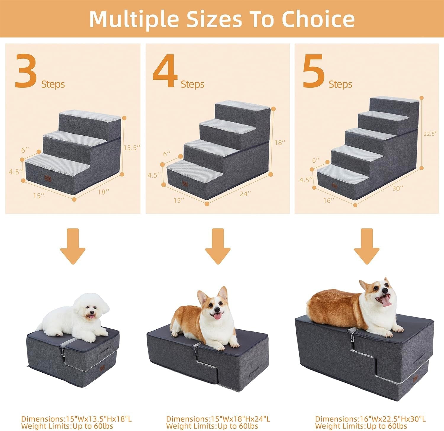 Dog Stairs for Small Dogs - Foam Pet Steps for High Beds and Couch, Non-Slip Folding Dog Steps Portable Pet Stairs for Large Dog and Cats,4 Step, Grey