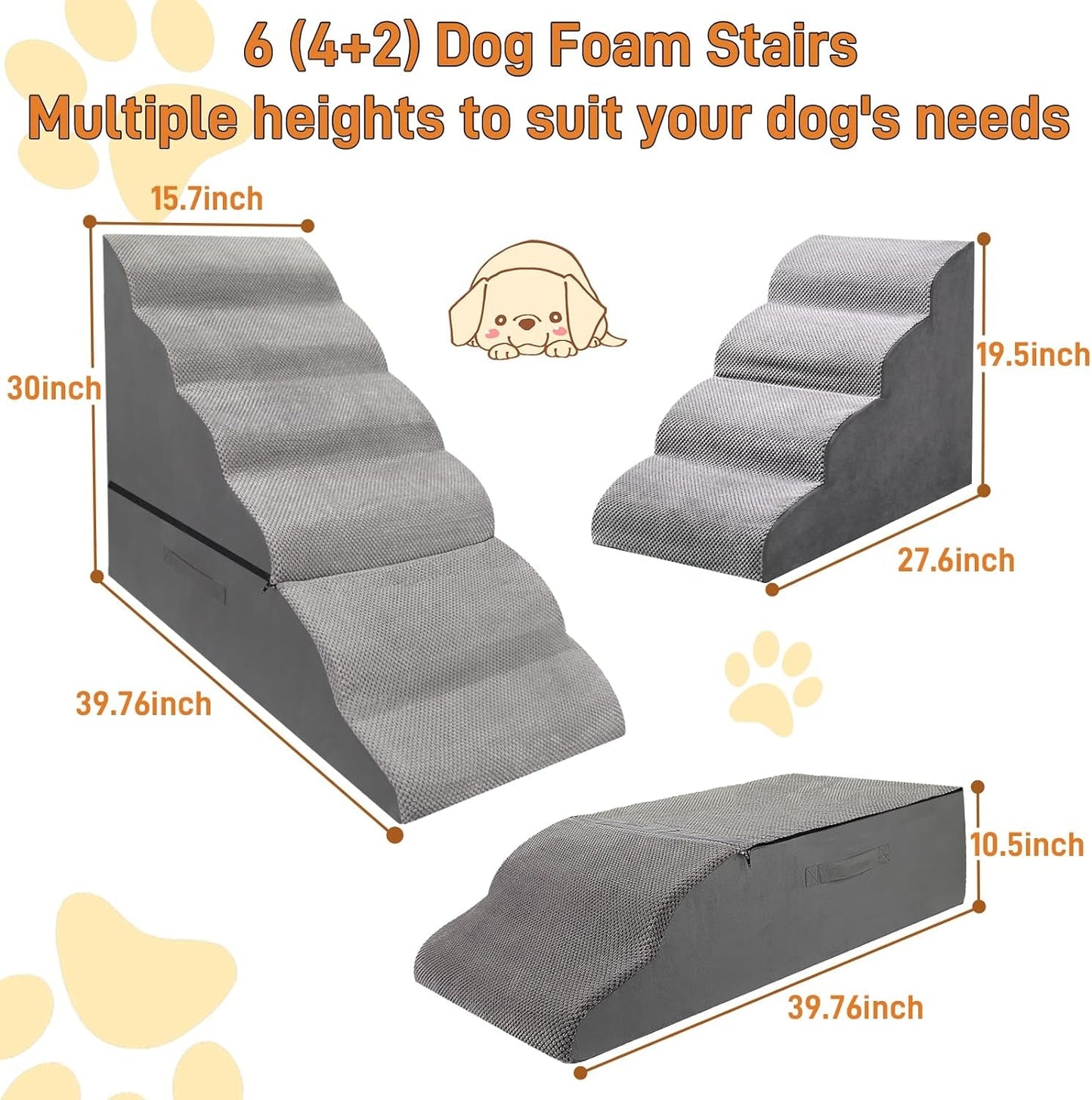 30 Inches 6 Steps Dog Stairs. Pet Stairs for Tall Bed 30-36 Inches. Dog Stairs for Small Dogs/Cats, Older Injured Pets. 30D Density Foam Pet Ramp Non-Slip