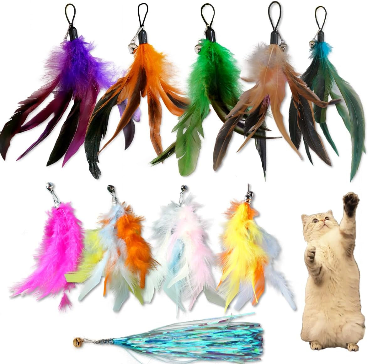 10-Pack of Vibrant Feathered Cat Toy Refills: Perfect Wand Attachments for Indoor Cats, Enhance Your Pet'S Playtime with These Exciting Replacement Feather Cat Toys