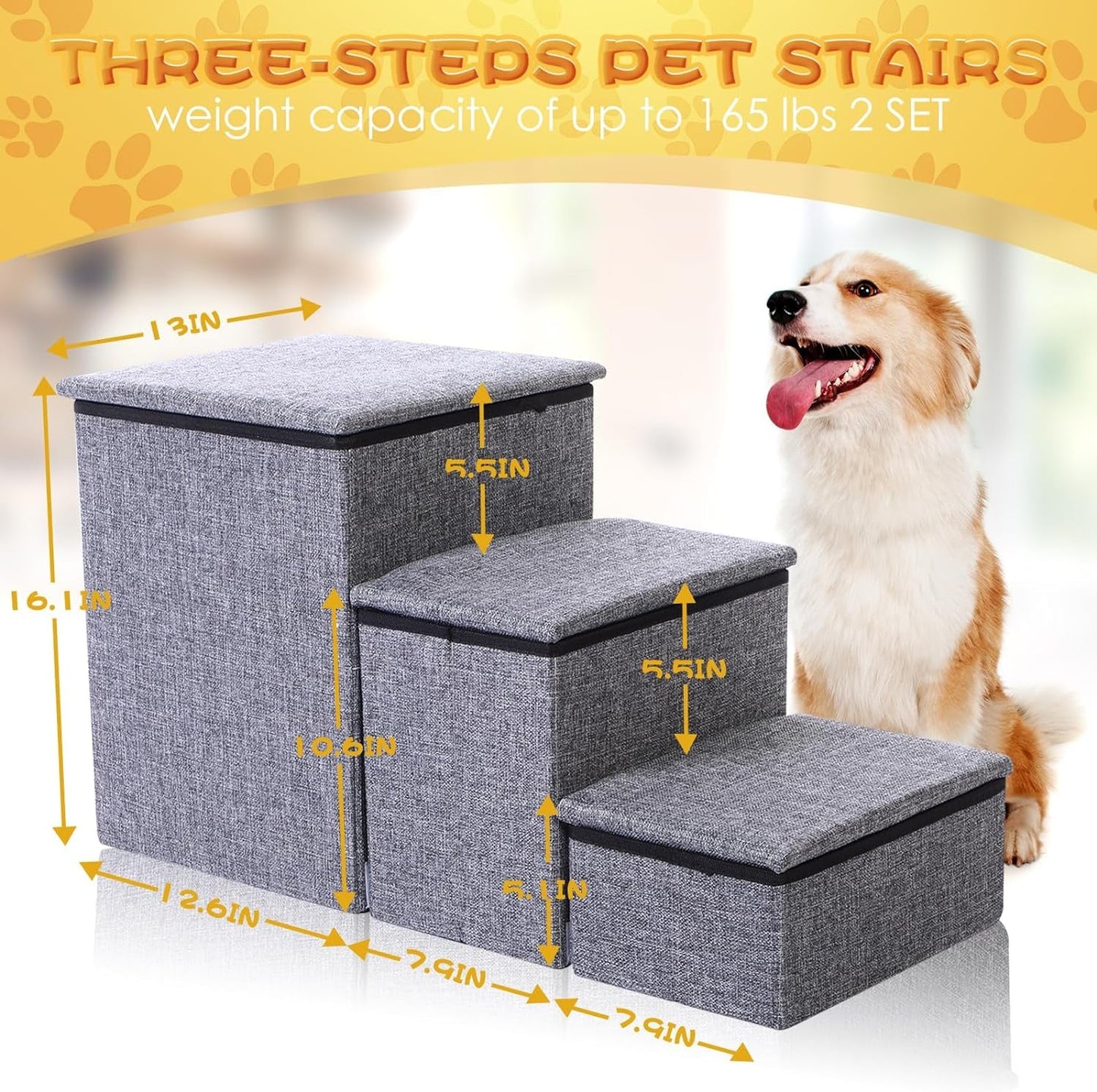 2 Set Dog Stairs for Small Dogs 16.1 H Dog Steps for High Beds 3 Steps Foldable Stairs with Storage for Couch Sofa and Chair Non Slip Balanced Dog Indoor Step Cat Dog Ramp Hold up to 165 Lbs