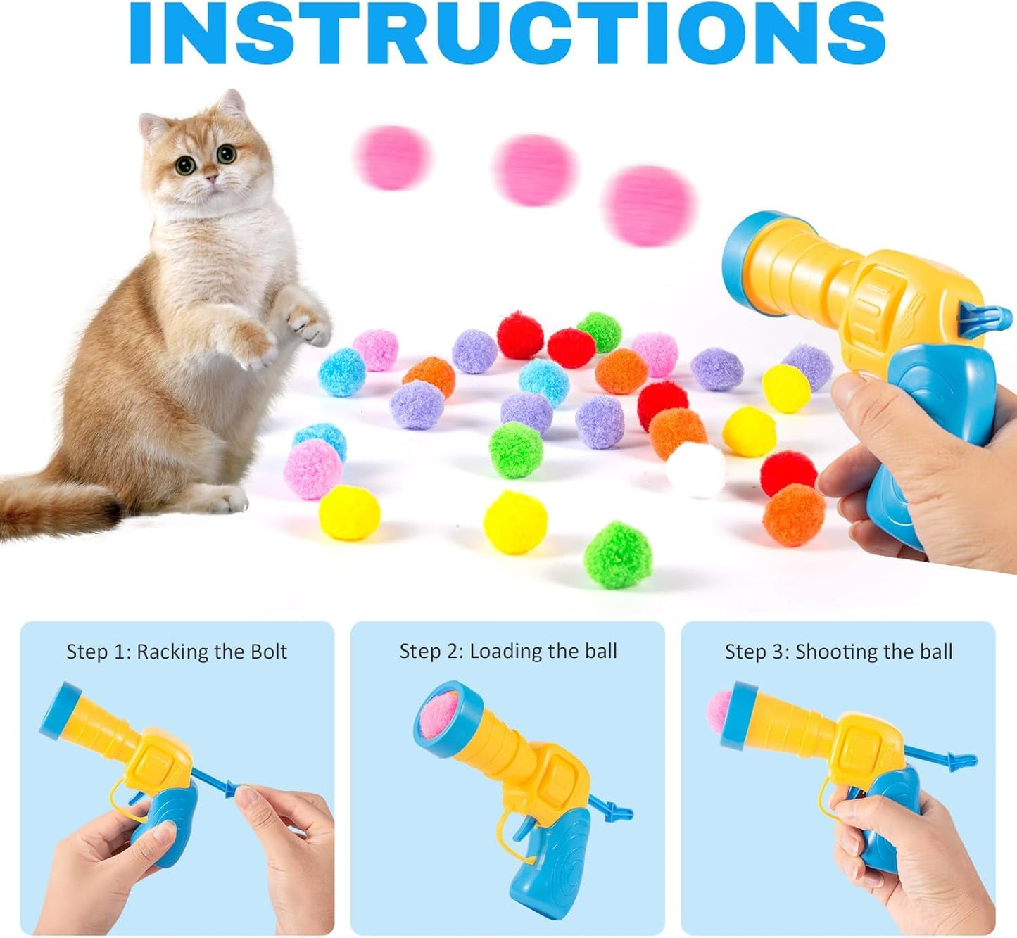 4 Pcs Cat Ball Launchers with 100 Pcs Cat Toy Balls, Cat Toy Gun Launcher, Cat Fetch Toy Gun Shooter, Kitten Toys for Indoor, Plush Ball Shoot Gun for Kitty