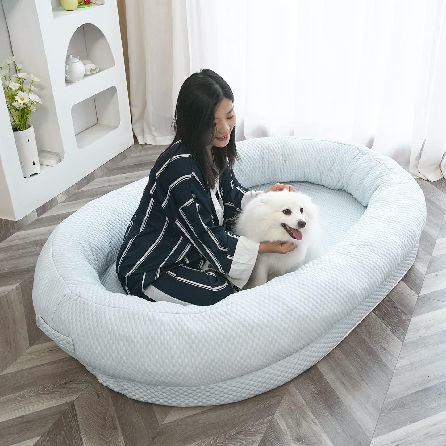 Giant Dog Bed for Human with Matching Blanket, 65 * 55 XXXXXXL Dog Bed for Both You and Your Pet, Special Summer Cooling Fabric (Summer Blue)