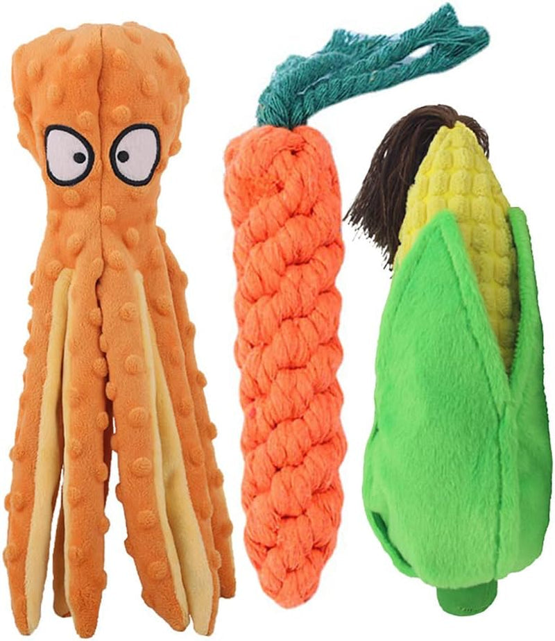 3 Pack Dog Squeaky Toys Octopus Corn-Crinkle Plush Dog Toys Squeaker inside for Puppy Teething, Durable Interactive Dog Chew Toys for Small to Medium Dogs Training Games Playing and Reduce Boredom