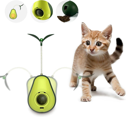 3-In-1 Interactive Cat Toys for Indoor Cats, Catnip Toys for Cats with Feather Cat Toy Wand & Cat Treat Dispenser, Tumbler Avocado Cat Puzzle Feeder, Funny Kitten Toys