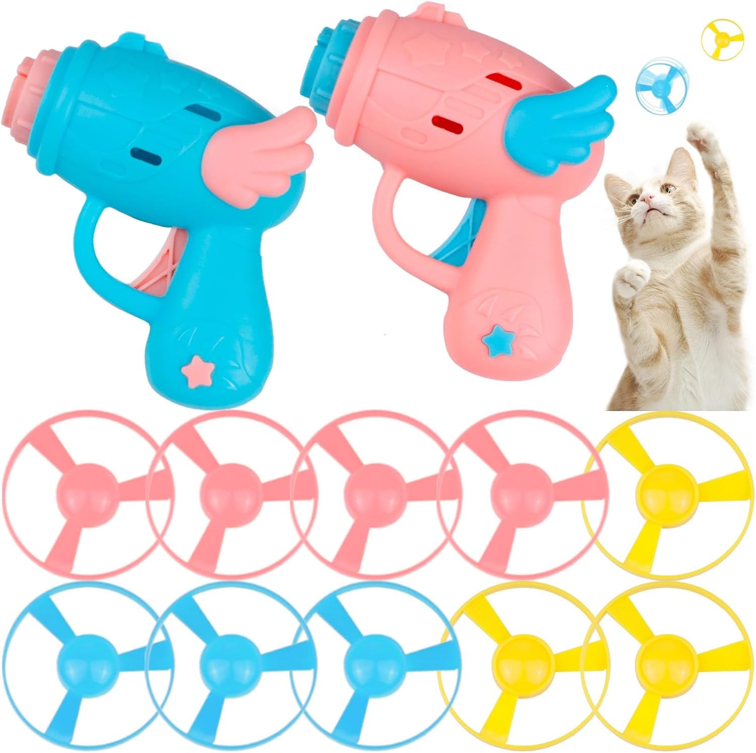 12 PCS Cat Fetch Toy with Colorful Flying Propellers Set, Cat Playing Tracking Interactive Toys for Kitten Chasing Training Hunting (Pink&Blue Wing)