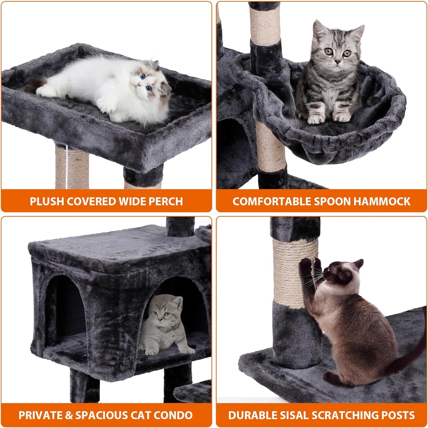 35.5 Inch Cat Tree for Indoor Cats, Multi-Level Cat Condo Tower with Large Top Perch, Hammock and Scratching Posts, Dark Grey