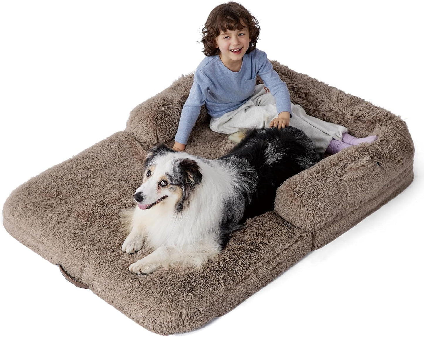 Bedsure Foldable Human Dog Bed for People Adults, 2 in 1 Calming Human Size Giant Dog Bed Fits Pet Families with Egg Foam Supportive Mat and Waterproof Liner, Faux Fur Orthopedic Dog Sofa, Camel