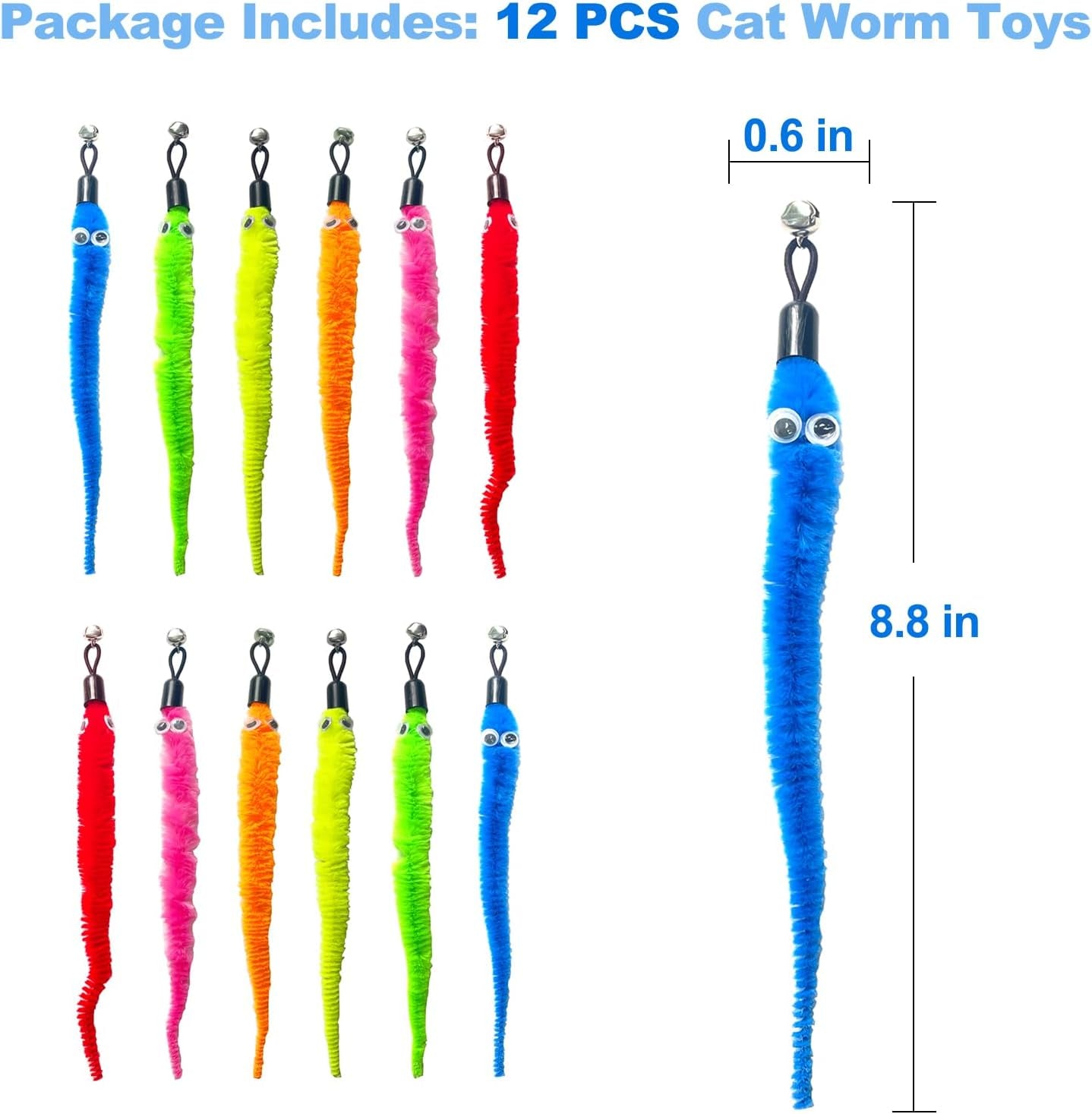 12 Pack Cat Worm Toys Refills, Interactive Cat Toys Wand Attachments with Bells, Cat Feather Toy Replacement, Worm Cat Toy Attachment for Cat Wand, Cat Accessories for Bored Indoor Cats Kitten