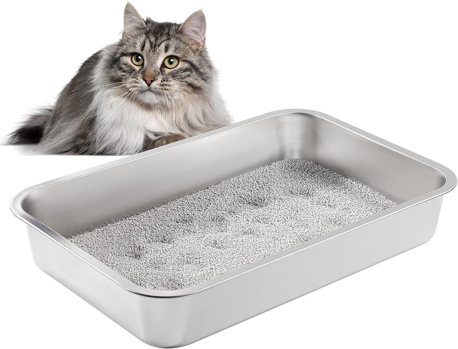 Yangbaga Stainless Steel Litter Box for Cat and Rabbit, Odor Control Litter Pan, Non Stick, Easy to Clean, Rust Proof, Large Size with High Sides and Non Slip Rubber Feets