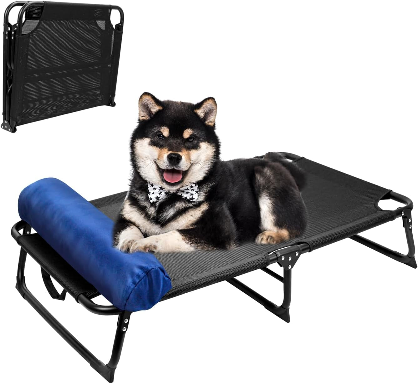 Large Indoor Outdoor Elevated Raised Dog Cot Bed, Fully Assembled, Folding Foldable Portable Dog Bed for Medium Large Dogs, Travel Camping Pet Hammock, Black 45"X28"X8"