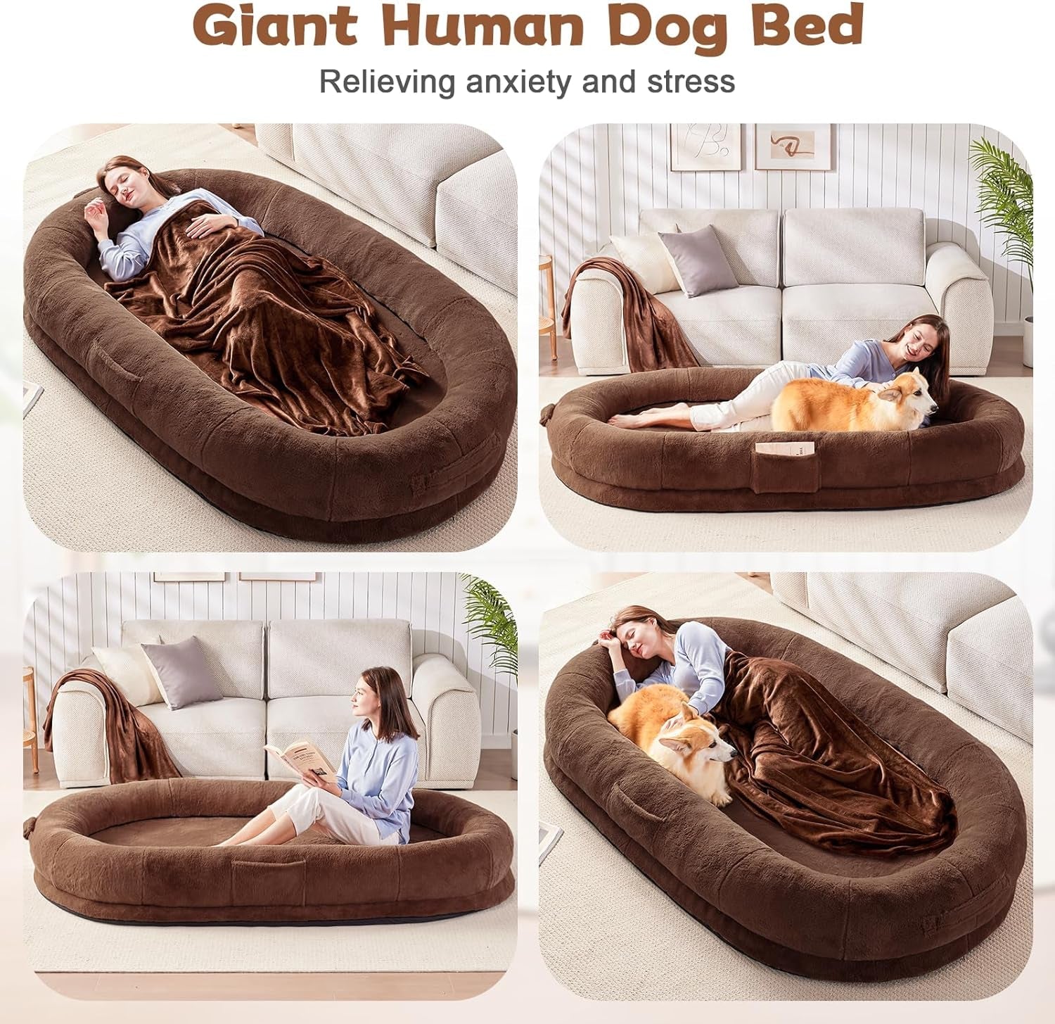 Human Dog Bed for People Adults, Giant Bean Bag Bed with Blanket 72"X48"X10", Washable Faux Fur Nap Bed Adult Oval for People, Removable Large Memory Foam Human Sized Dog Bed Brown