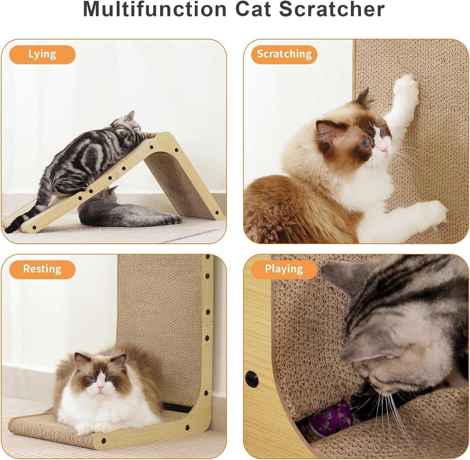 L-Shape Cat Scratcher, 27 Inch Cat Scratching Pad,Cute Cat Cardboard Scratcher for Indoor Cats, Protecting Furniture Vertical Kitty Scratch Lounge with Ball Toy Large