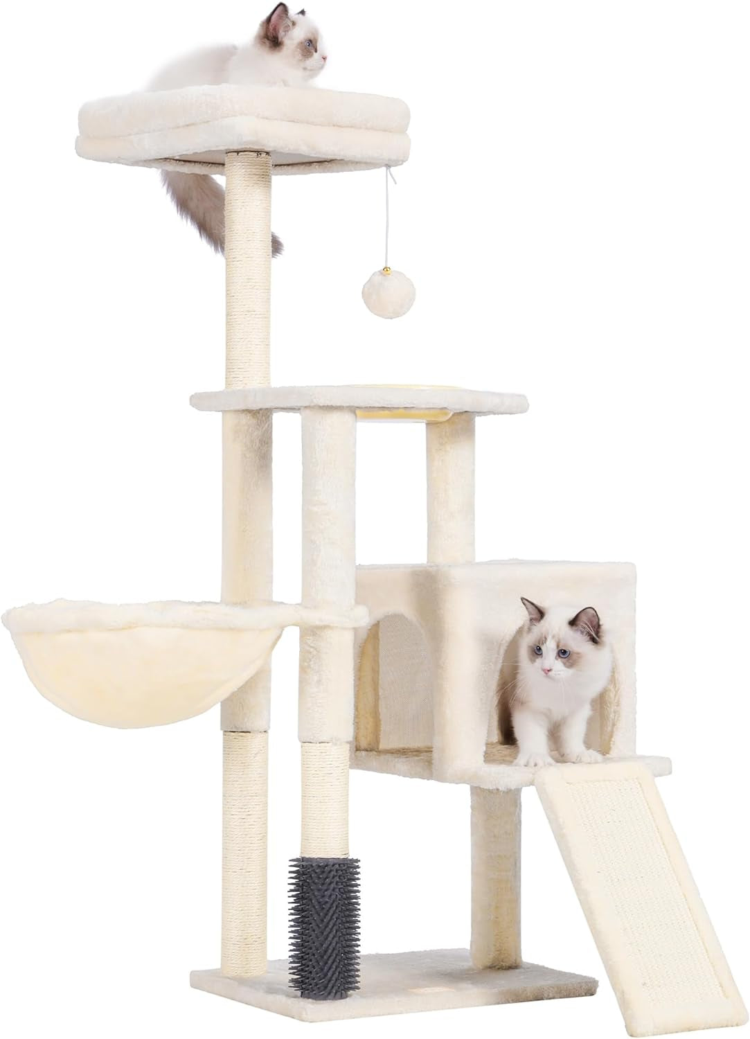 Heybly Cat Tree with Cat Self Groomer Brush, Cat Tower Condo for Indoor Cats with Padded Plush Perch,Feeding Bowl,Cat House with Basket Scratching Board Post, Light Gray HCT005SW