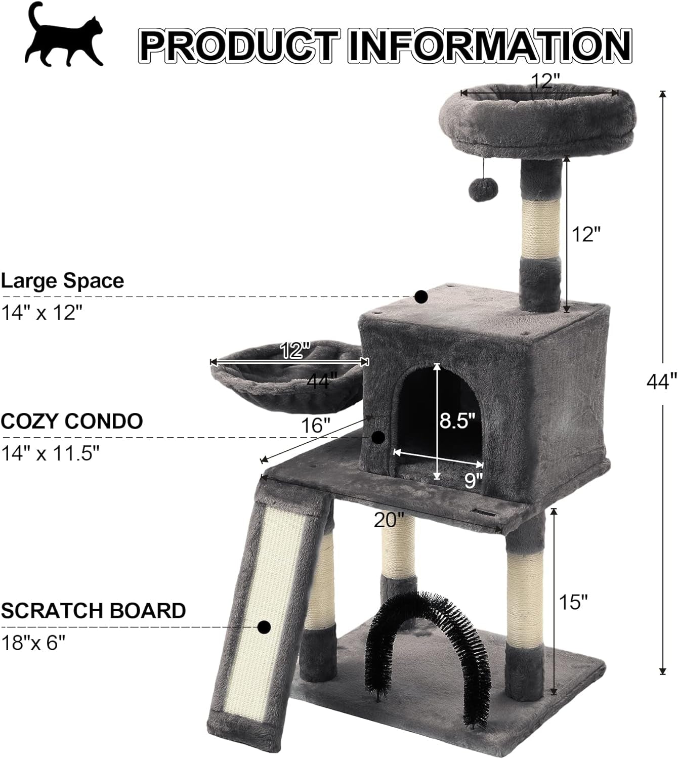 HOOPET Cat Tree,44 Inches Cat Tower for Indoor Cats, Multi-Level Cat Activity Center with Scratching Posts&Board， Extra Large Viewing Perch, Cozy Napping Hammock, and Privacy Condo for Kittens/Cats