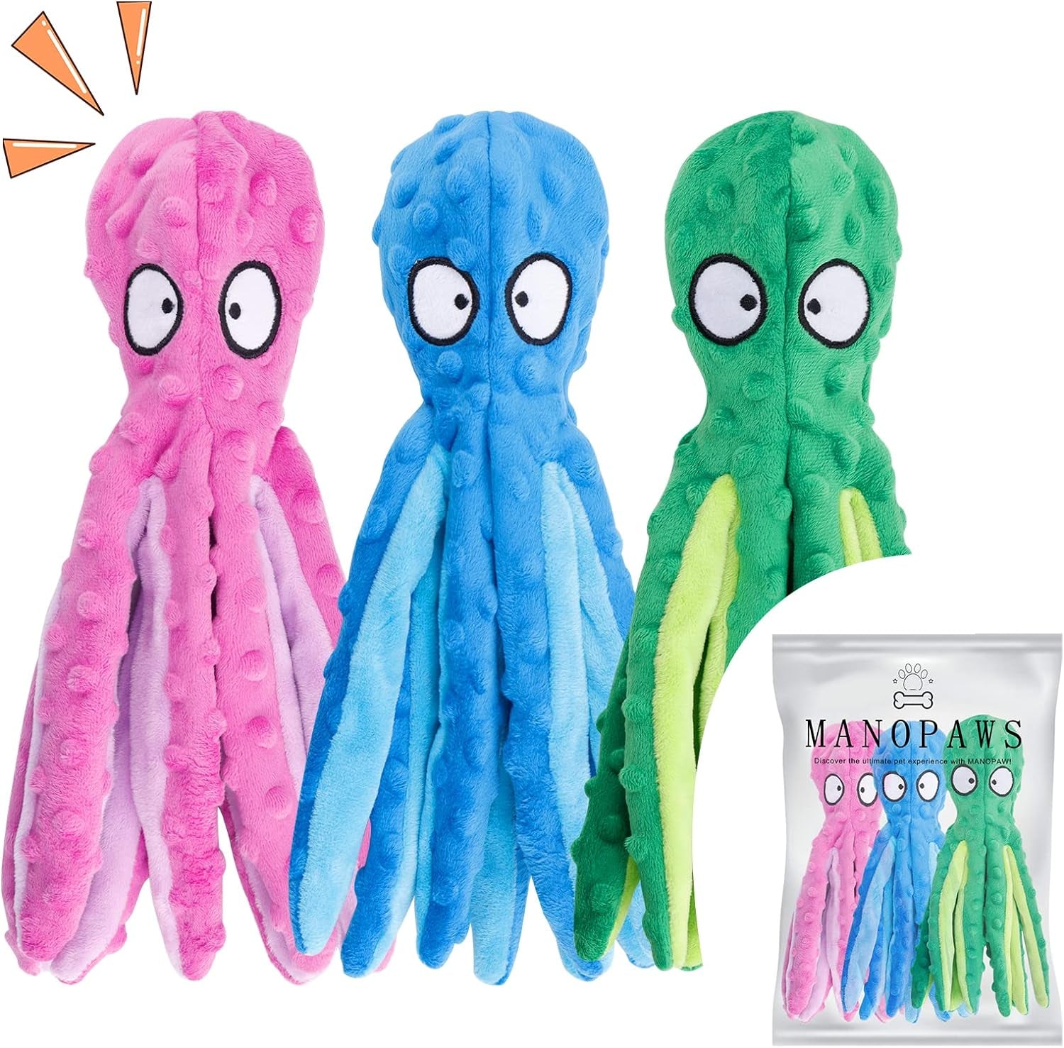 3 Pack Dog Toys for Small Dogs, Medium Dogs, Large Dogs, Puppy Teething Chew Toys, Aggressive Chewers, No Stuffing Crinkle Plush Dog Toys (Octopus)