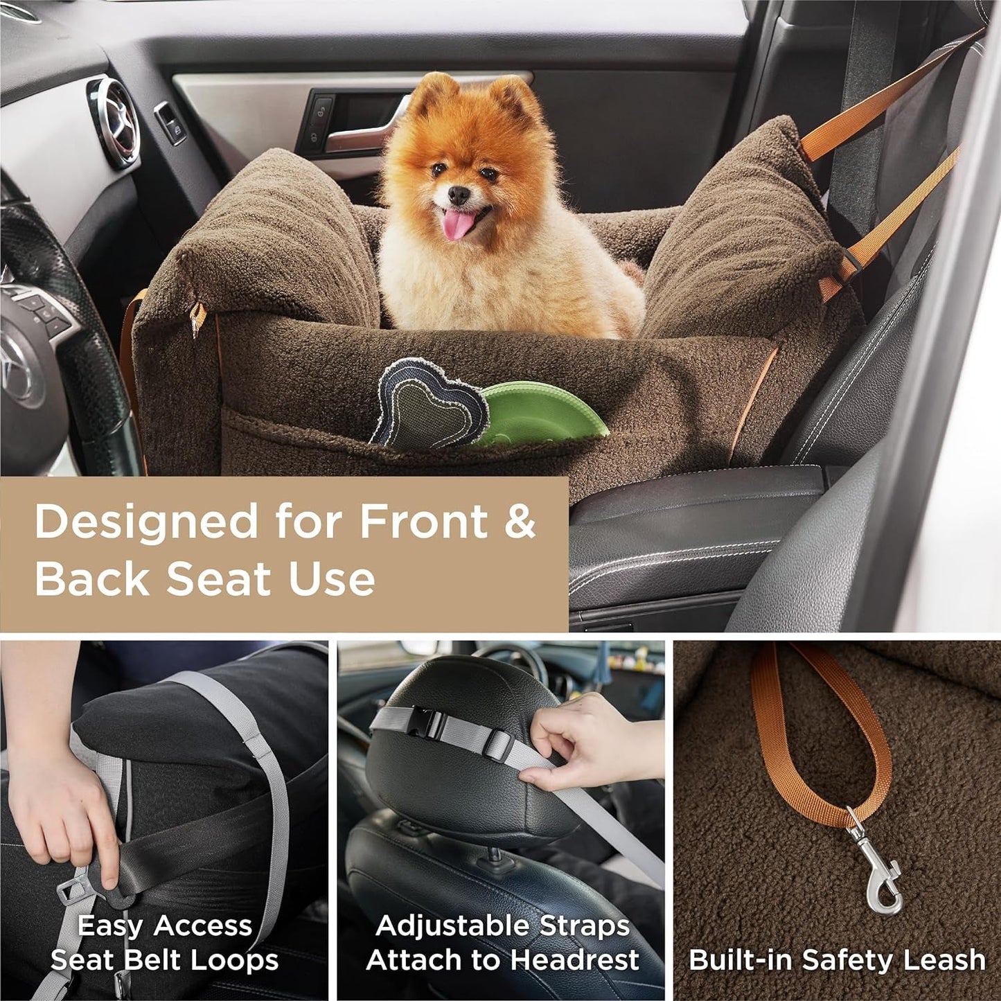 Lesure Small Dog Car Seat for Small Dogs - Sherpa Dog Booster Seat for Car with Storage Pockets and Clip-On Safety Leash and Thickened Memory Foam Filling, Puppy Travel Carrier Bed, Espresso