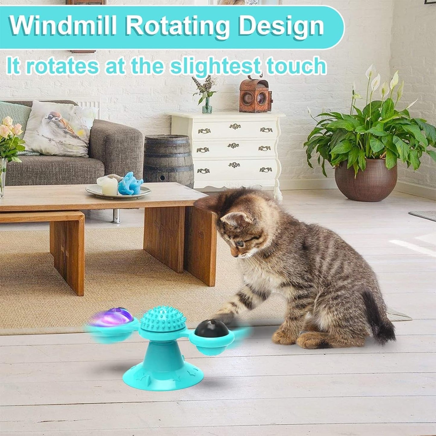 2Pcs a Set Windmill Cat Toys,Cat Chew Exercise, Interactive Cat Toys for Indoor Cats Funny Kitten Toys with LED Light Ball Suction Cup Wall Mount Cat Spinner with Rotatable Toy Ball for Cat