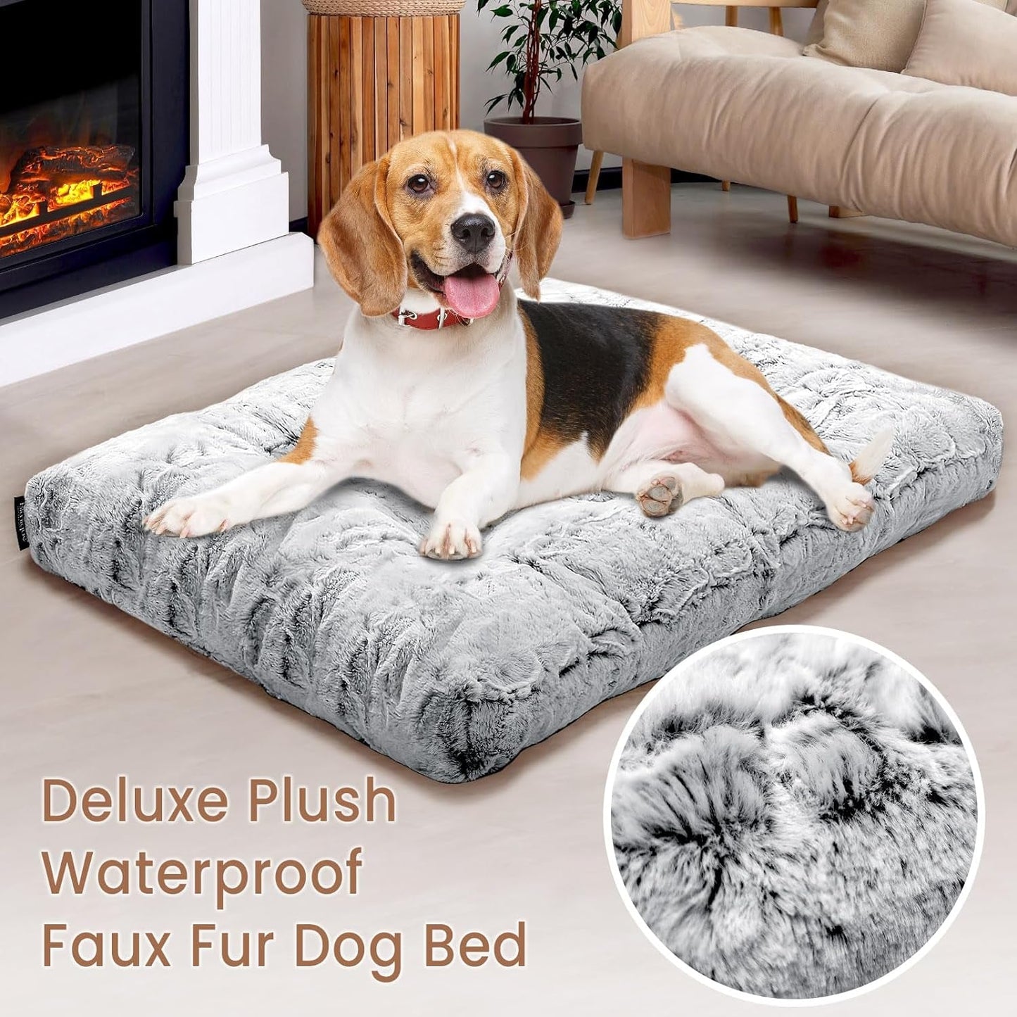 Blunique® Washable Dog Bed Deluxe, Waterproof Plush Dog Crate Bed, XL Dog Crate Mats, Faux Fur Pet Beds, Fluffy Comfy Kennel Pad, Anti-Slip Pet Sleeping Mat for Large, Jumbo, and Medium Dog Breeds