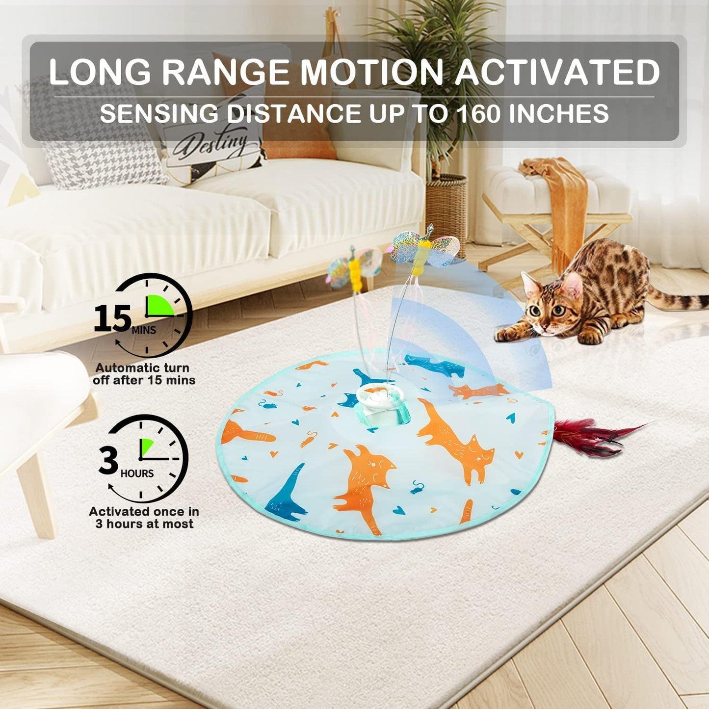 2-In-1 Rechargeable Motion Activated Interactive Cat Toys for Indoor Cats, Long Lifetime Motor Cat Chasing Toy for Exercise/Moving Butterfly/Feather Wand Kitten Toys