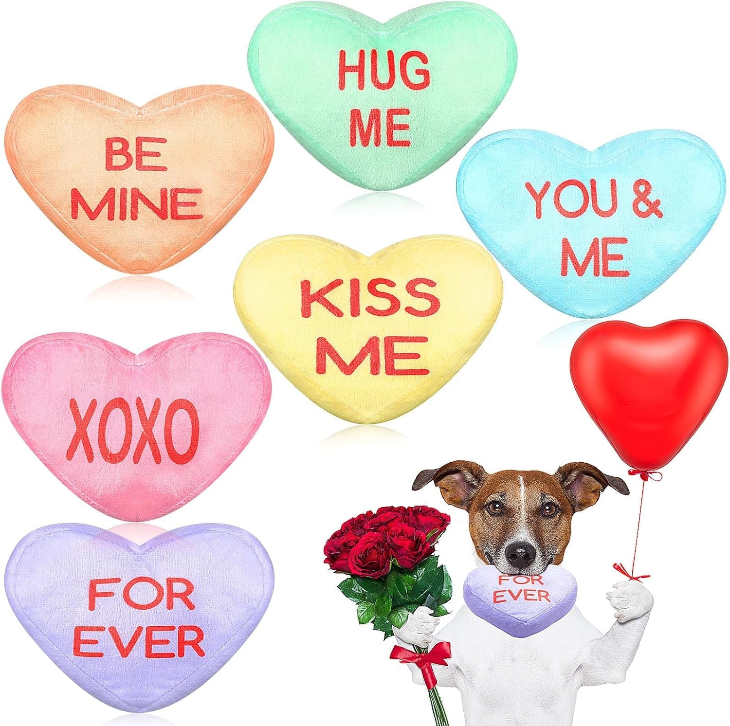 12 Pieces Valentines Day Dog Toy Valentine Heart Gifts for Dogs Conversation Heart Squeak Dog Toys for Small Medium Large Puppy Dogs Teething Chew Toys Valentines Day Pet Costume