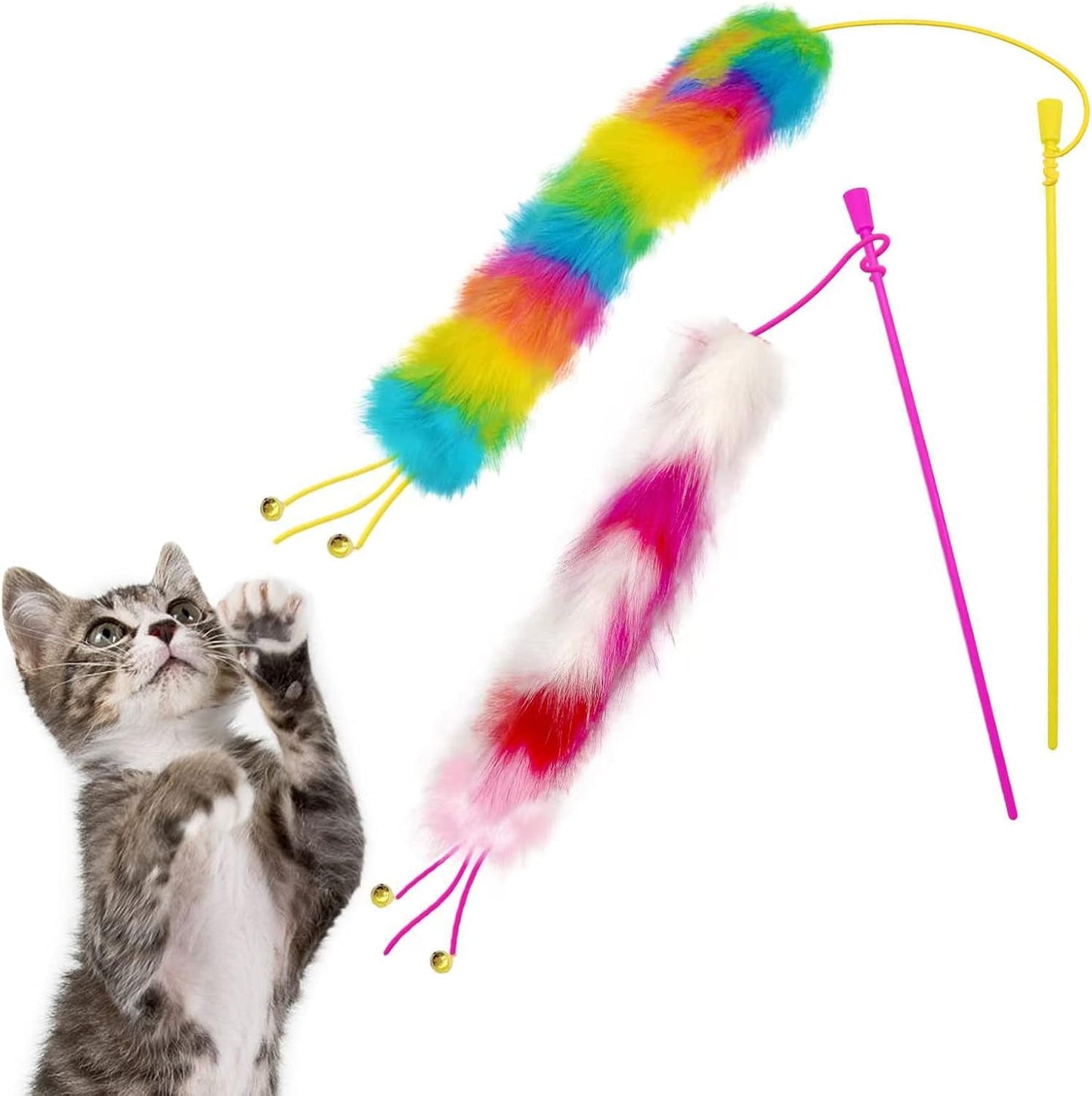 3 Pack Cat Wand Toy, Rainbow Cat Feather Toys with Bells, Cat Teaser Wand with Soft Furry Tail, Interactive Cat Toys for Indoor Cats & Kitten & Kitty