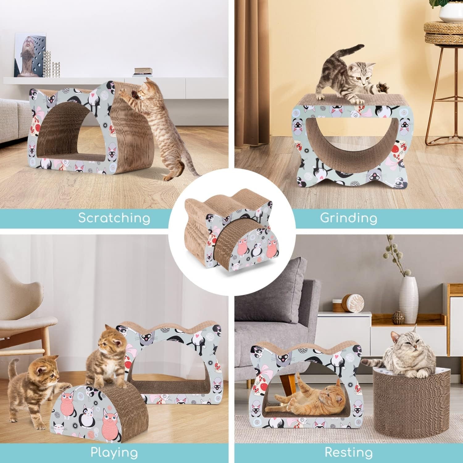 Nobleza Cat Scratcher Cardboard, 2 in 1 Reversible Scratching Pad, Recyclable Corrugated Scratch Toy with Cat-Head Shape, Cat Scratch Lounge for Furniture Protection