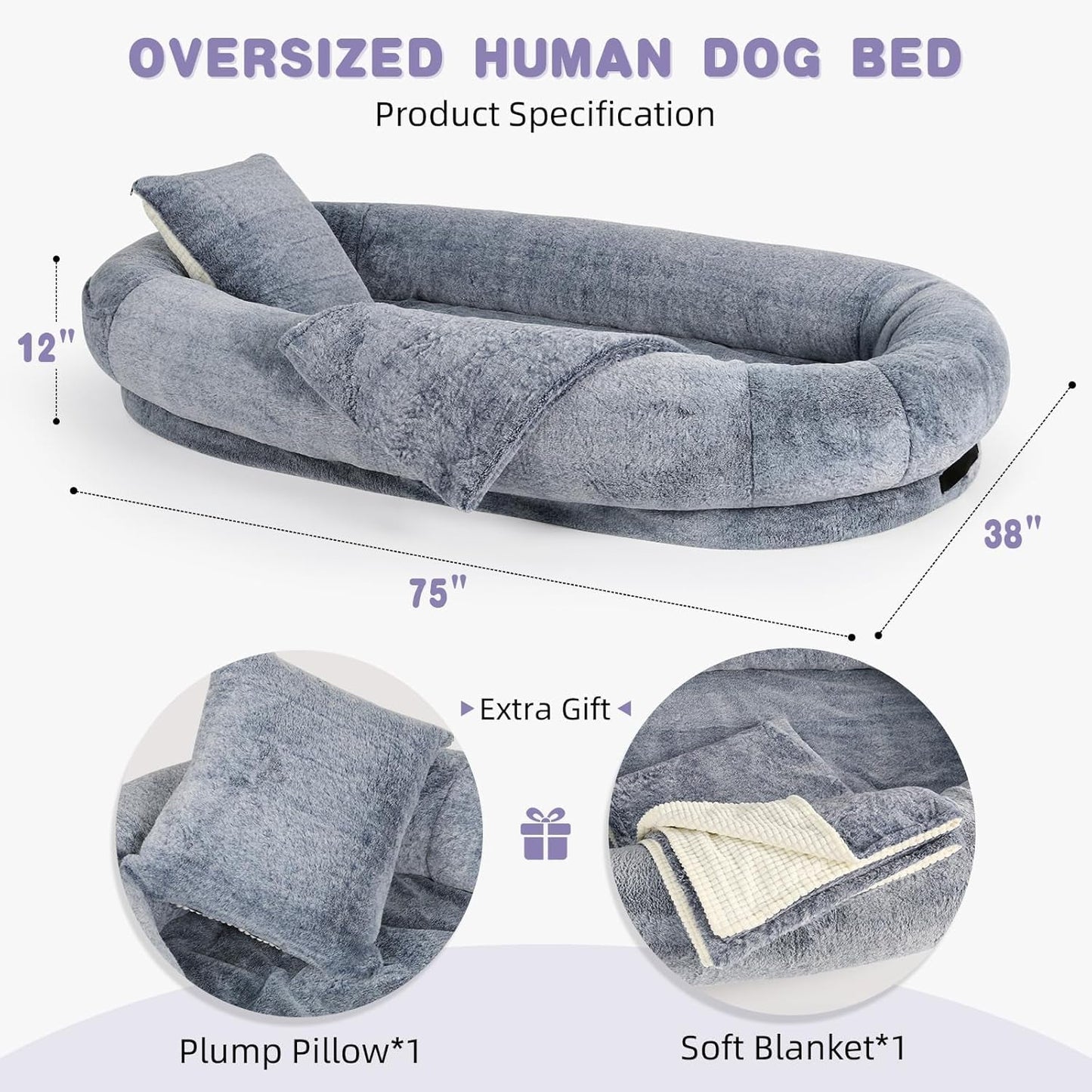 Human Dog Bed, Giant Dog Bed for Humans with Washable Faux Fur, Adult Size Napping Dog Bed for Humans, Kids, and Pets, Presented with Plump Pillows&Blanket- Grey