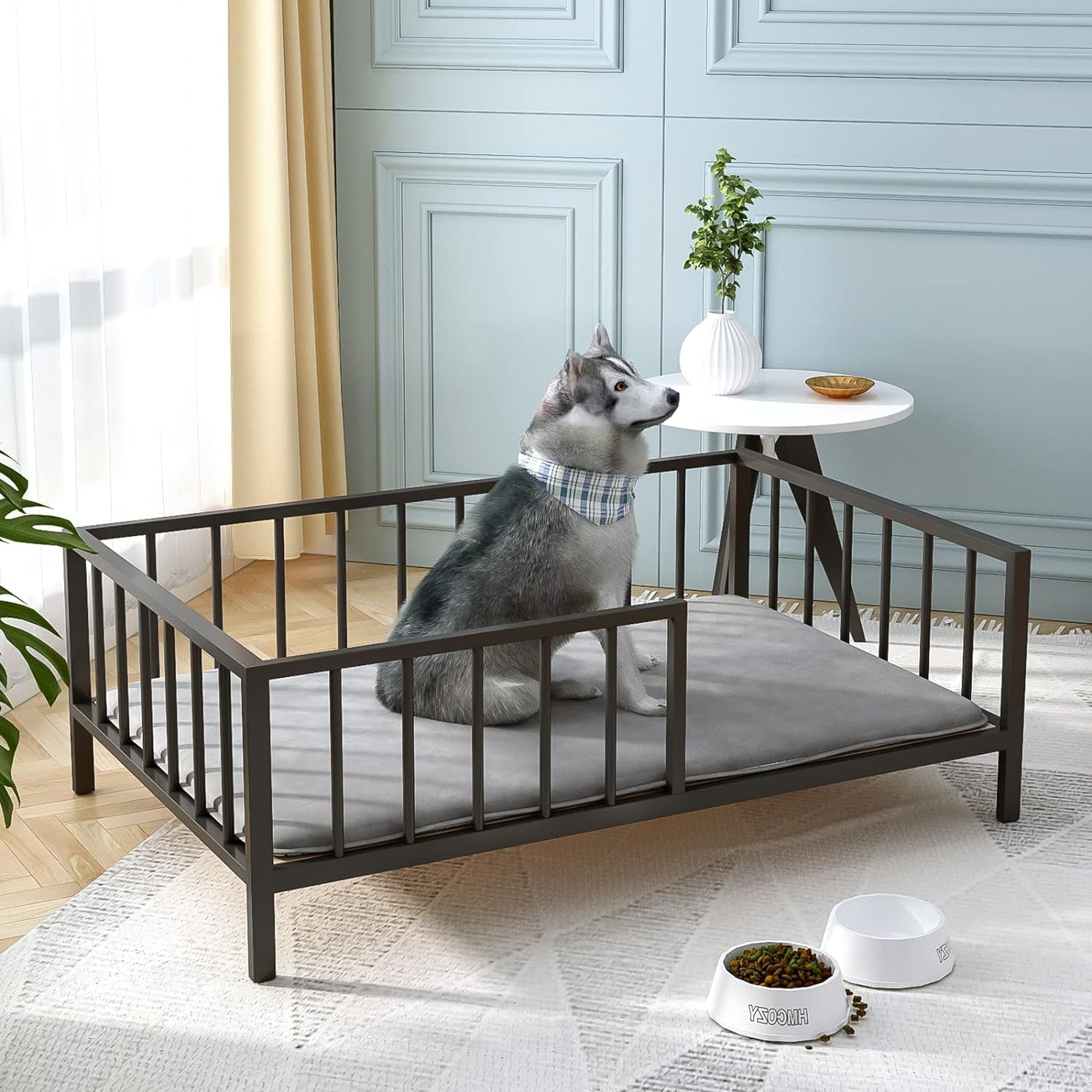 Dog Bed with Rails - Elevated Pet Metal Bed Frame with Solid Wood Board and Washable Soft Mat for Large Dog Indoor or Outdoor Use, 31.1" X 47.6", Black