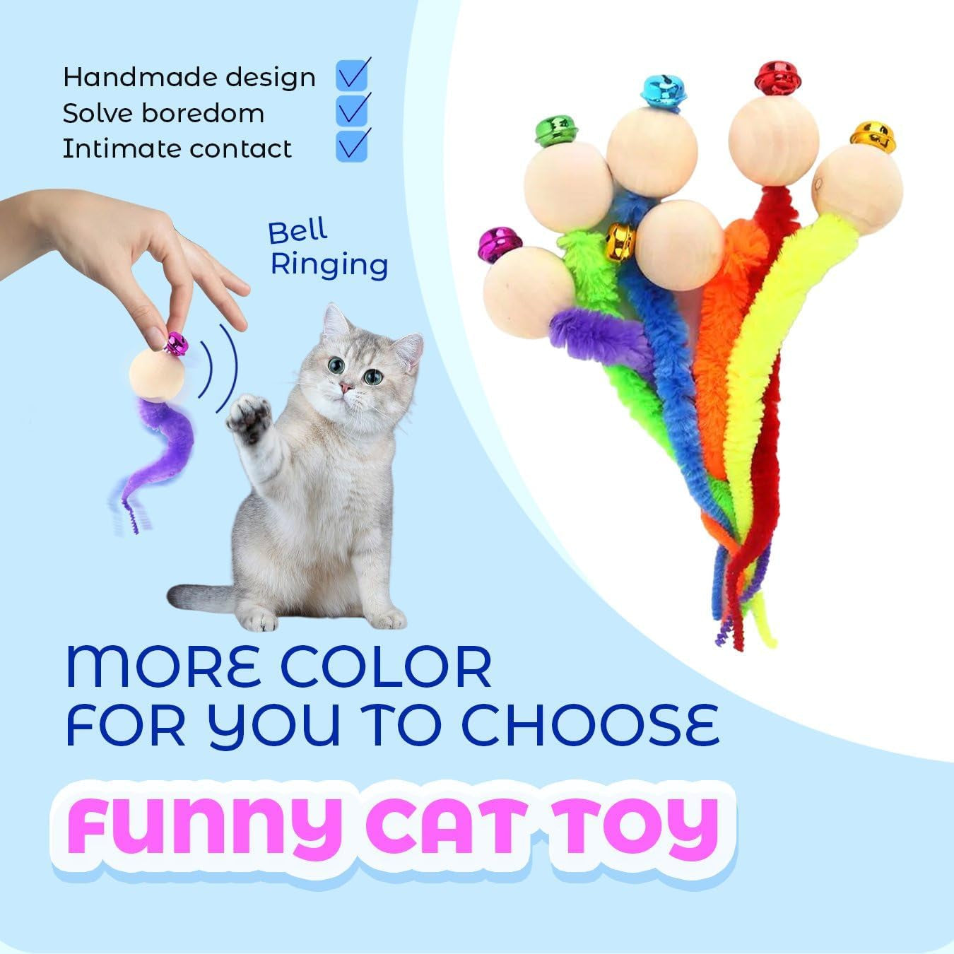 3 PCS of Cute and Soft Pet Interactive Toys Featuring a Wooden Ball | Colorful Caterpillar Beads and a Snake Tail with a Bell, Perfect for Entertaining Your Cat