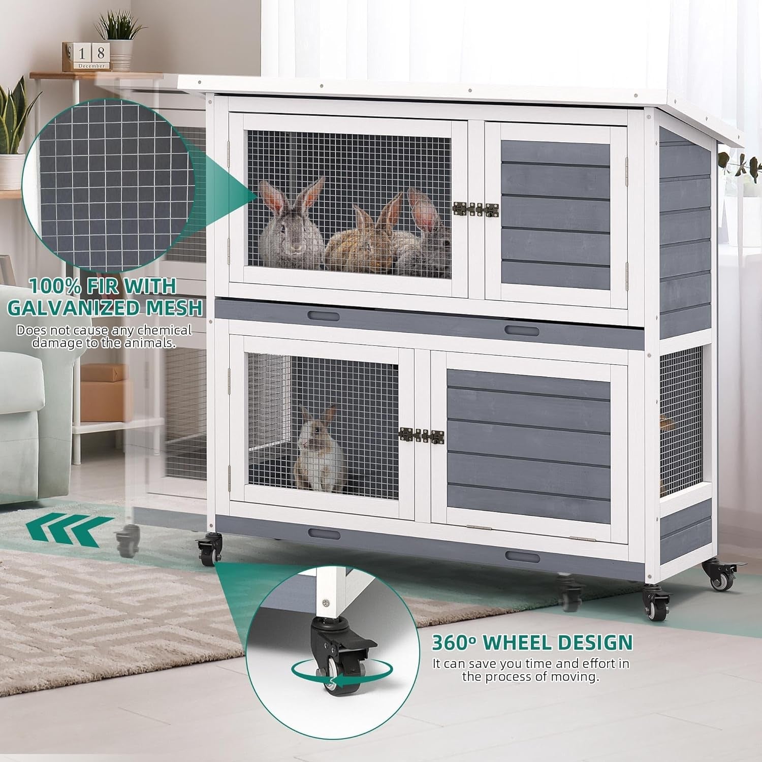 YITAHOME Rabbit Hutch Indoor Outdoor Bunny Cage Bunny House on Wheel, Wooden Rabbit House for Small Animals with Opening Roof, Removable Tray