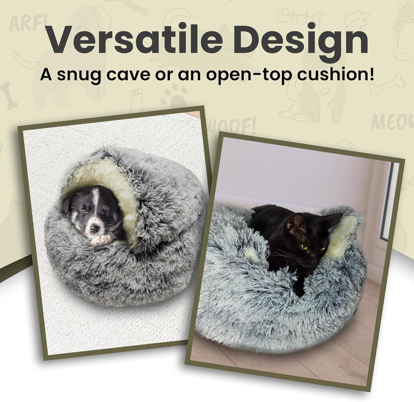 Cat & Dog Cave Bed - Plush round Dog Beds for Small Breeds & Indoor Cats - Calming Hooded Cocoon with Cozy Donut Design - Machine-Washable & Easy to Clean - Non-Slip Bottom - (20×20Inch, Grey)