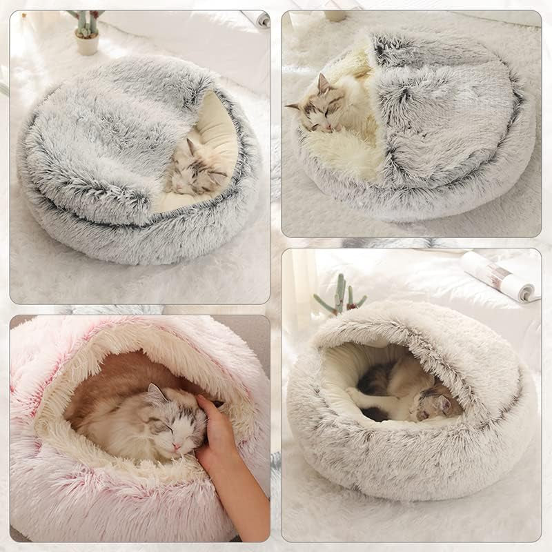 Fluffy Hooded round Cat Bed Cave with Hooded Blanket for Indoor Cats, Dog Beds for Small Dogs, Anti-Anxiety, Cozy Cuddler Luxury Puppy Bed, Anti-Slip Bottom and Machine Washable