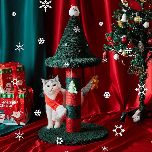 LUCKITTY Cat Scratching Post with 4 Hanging Plush Toy - Christmas Tree Alternative Give Your Cat a Toy and Scratching Post in One with This Ultimate Cat Tree 30 * 15 Inch Red Green