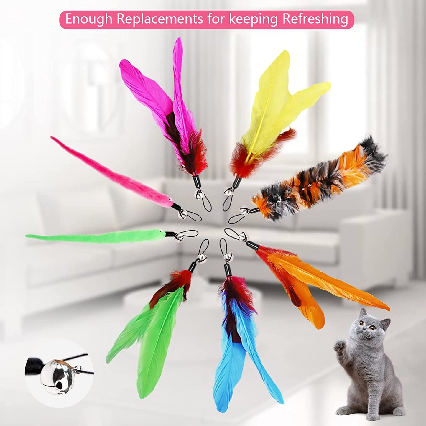 12PCS Interactive Kitten Toys, Retractable Indoor Cat Wand Toys with Replacement Teaser, Rainbow Ribbon and Make Exercise by Sunshinetop