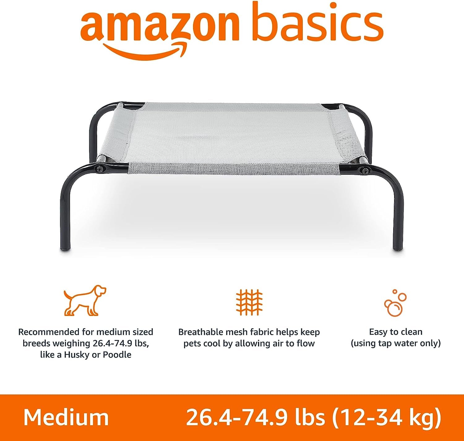 Amazon Basics Cooling Elevated Dog Bed with Metal Frame, Medium, 43 X 26 X 7.5 Inch, Grey