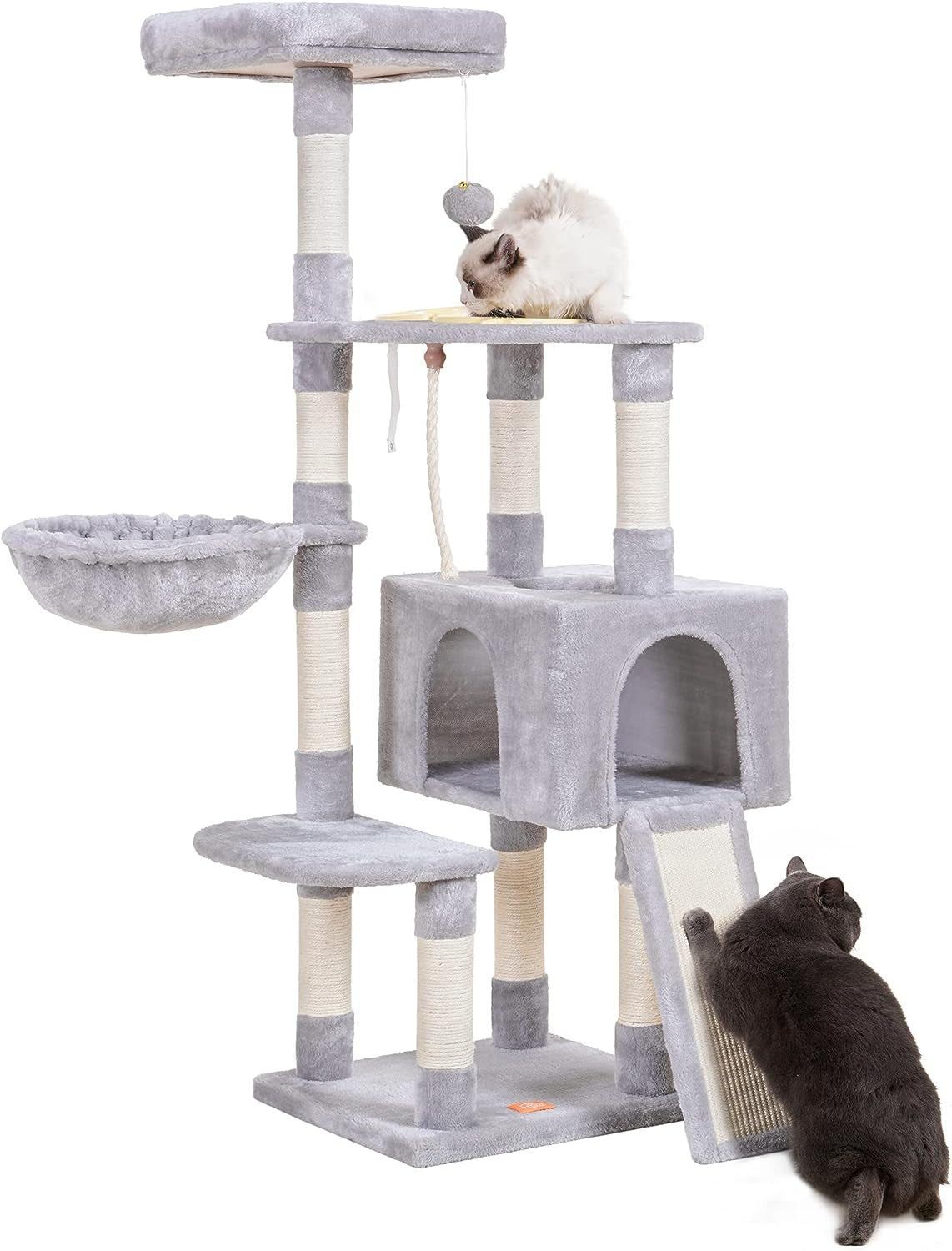 Heybly Cat Tree with Cat Self Groomer Brush, Cat Tower Condo for Indoor Cats with Padded Plush Perch,Feeding Bowl,Cat House with Basket Scratching Board Post, Light Gray HCT005SW