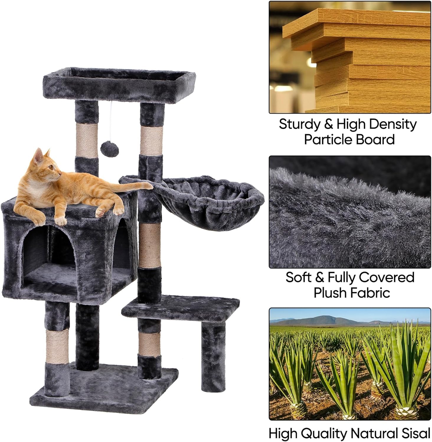 35.5 Inch Cat Tree for Indoor Cats, Multi-Level Cat Condo Tower with Large Top Perch, Hammock and Scratching Posts, Dark Grey