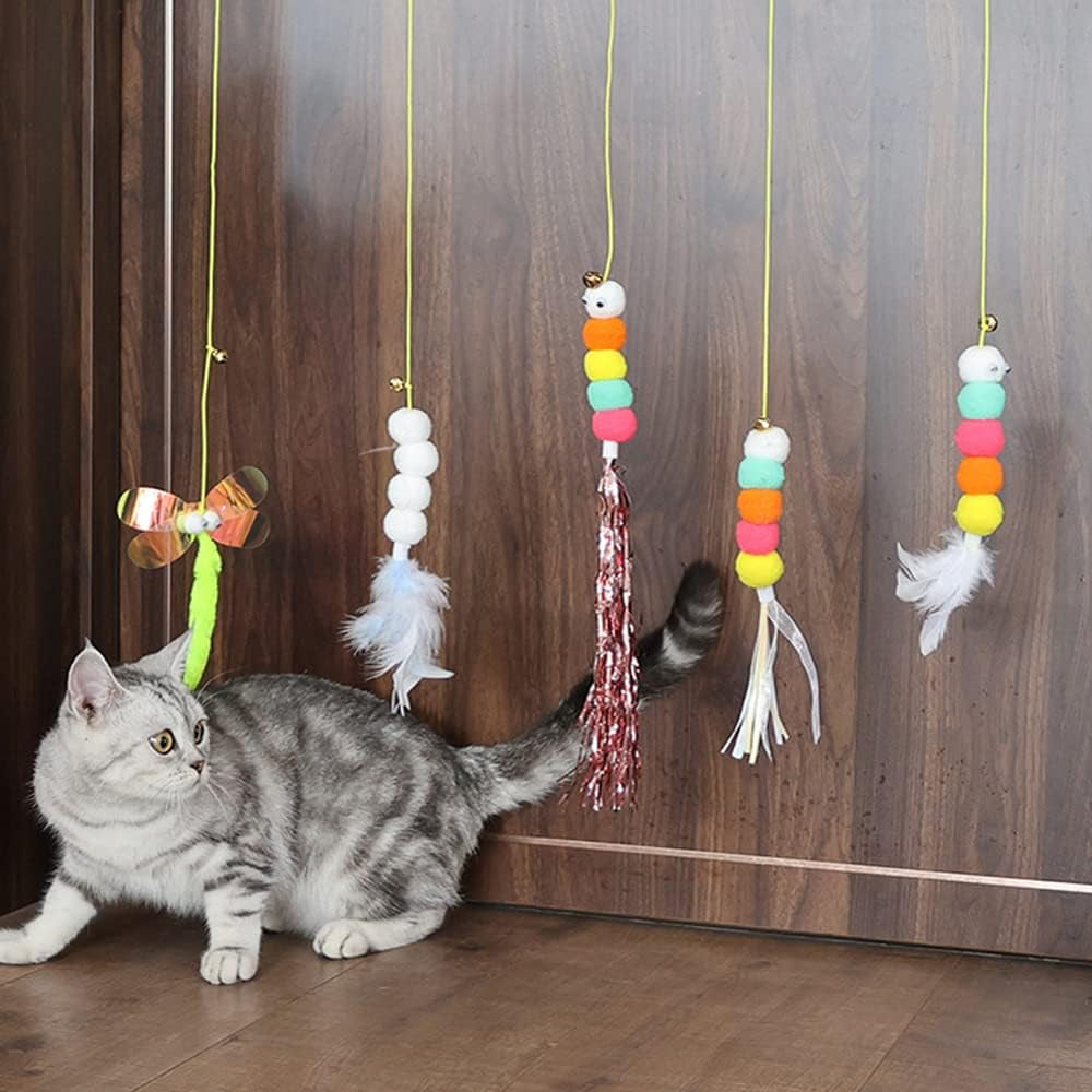 2PCS Retractable Cat Feather Toys，Hanging Interactive Cat Toys for Indoor Cats，Kitten Play Chase Exercise Kitten Play Pompom & Feather Teaser