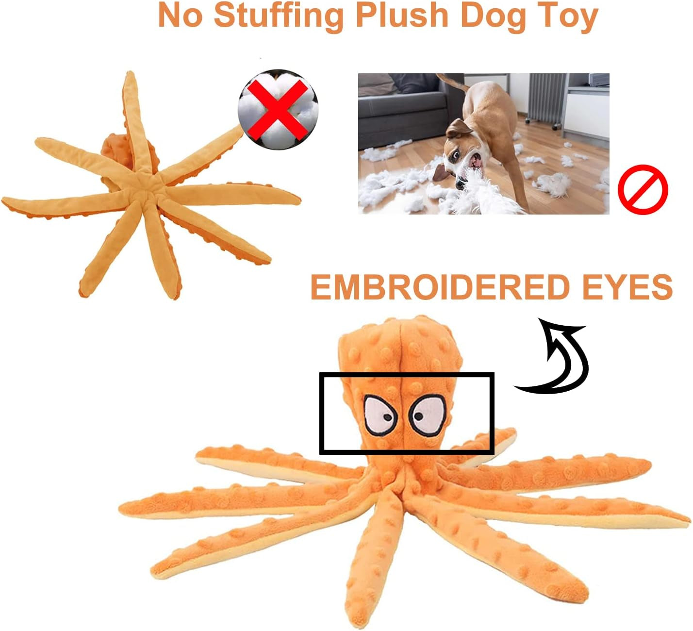 3 Pack Octopus Dog Squeaky Toys with Crinkle Paper- No Stuffing Dog Chew Toy for Puppy Teething- Soft & Durable Plush Crinkle Interactive Tots Toy for Small Medium Large Dogs (Blue+Orange+Purple)