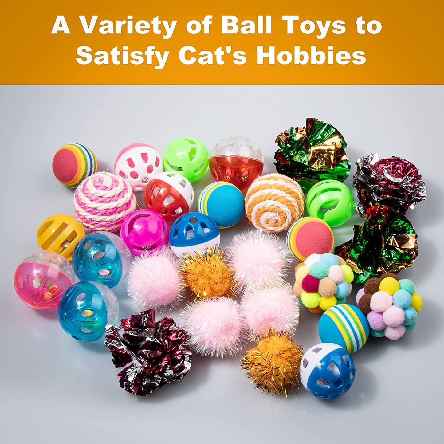 30Pcs Cat Ball Toys Cat Kitten Chew Toys Balls with Bell Cat Crinkle Ball,Rainbow Ball,Sparkle Ball, Bell Balls, Sisal Ball,Pom Pom Ball for Indoor Cats