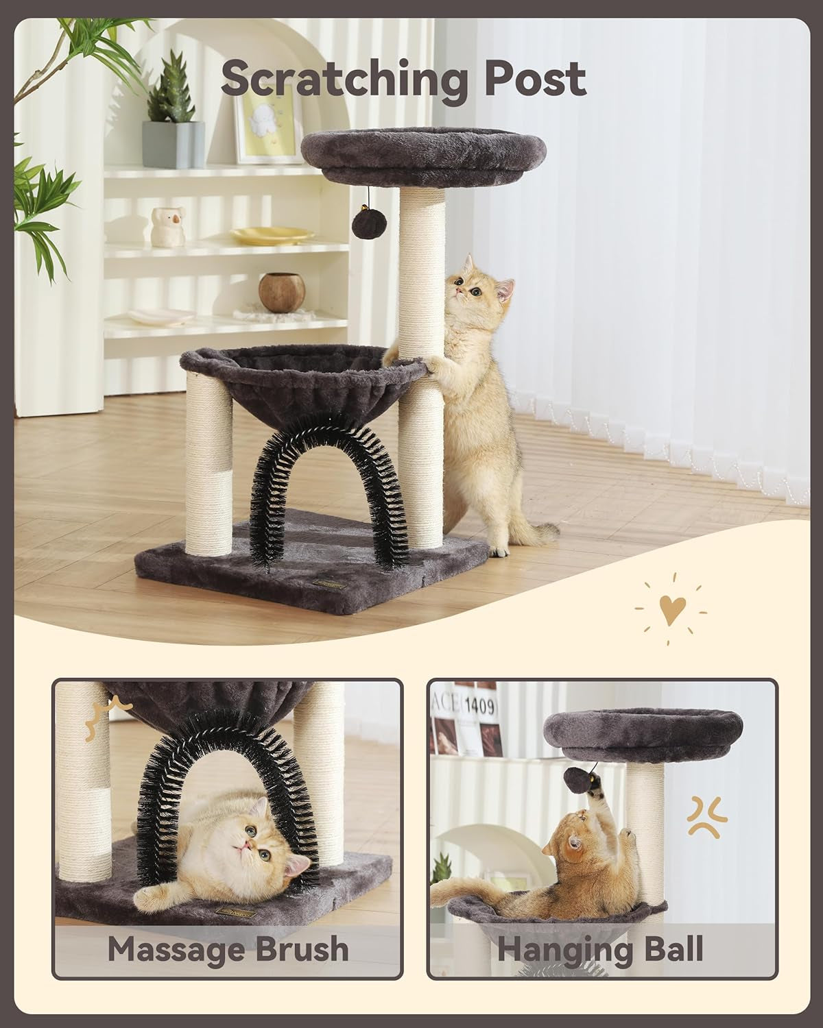 HOOPET Cat Tree,27.8 INCHES Tower for Indoor Cats, Multi-Level Cat Tree with Scratching Posts Plush Basket & Perch Play Rest, Activity Dangling Ball Kittens/Small Cats