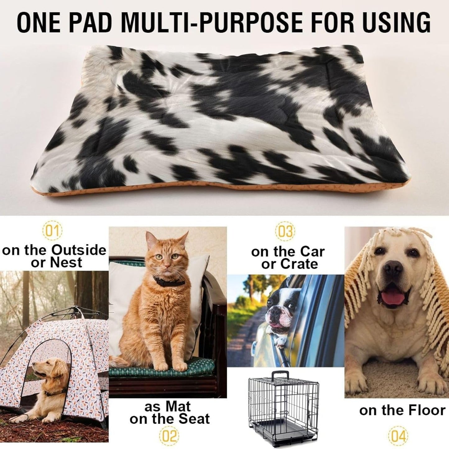 3D Cow Print Pet Bed Pad Soft Dog Bed Mat with Anti-Slip Bottom, Machine Washable Crate Pad Mattress for Dog Sleeping- 36 * 24Inches