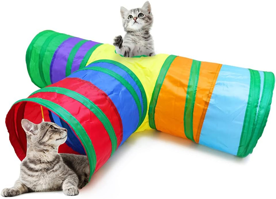 3 Way Cat Tunnel Pet Tube Collapsible Play Toy Indoor Outdoor Kitty Puppy Toys for Puzzle Exercising Hiding Training and Running with Fun Ball Catnip and Feather Toy