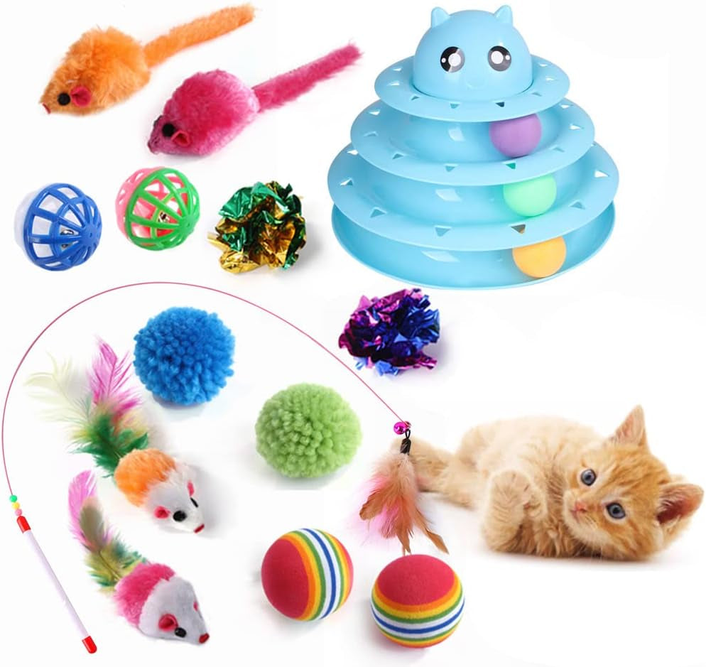 14 PCS Cat Toys Kitten Toys Set Interactive for Indoor Cats,Including Cat Toys Balls,Crinkle Balls,Cat Wand,Cat Mouse Toys