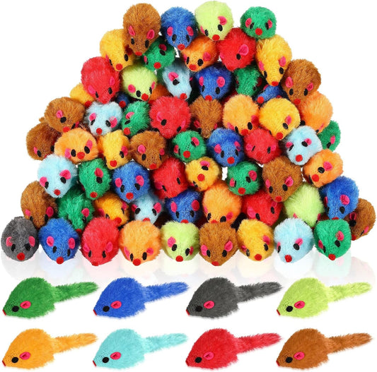 120 Pcs Rainbow Furry Cat Mouse Toys Interactive Rattle Cat Toy Mice Small Soft Rustle Sound Kitten Toys for Pets Cat Puppy Kittens Play, Assorted Colors