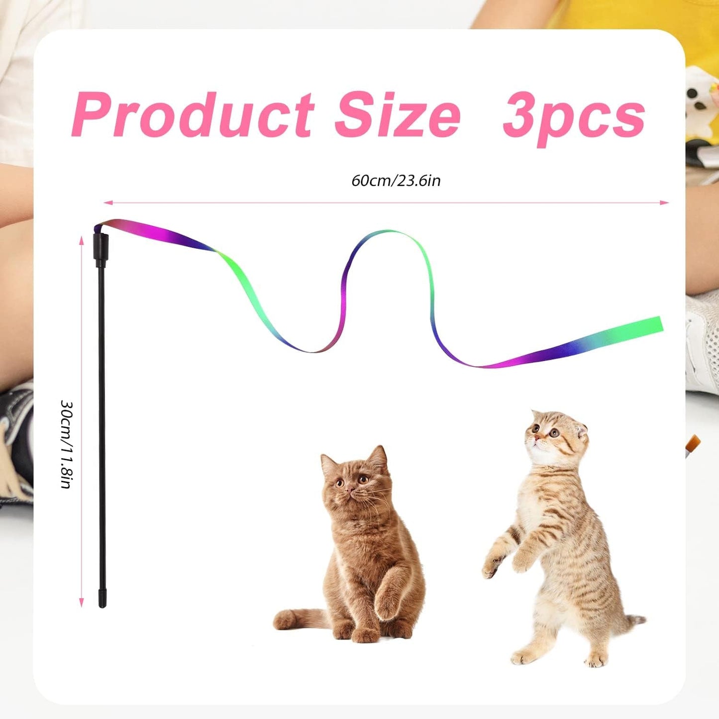 3Pcs Interactive Cat Wand Toys, Rainbow Colorful Cat Wand Toys Colorful Cat Interactive Toys Ribbon String Charmer Stick for Cats Kittens