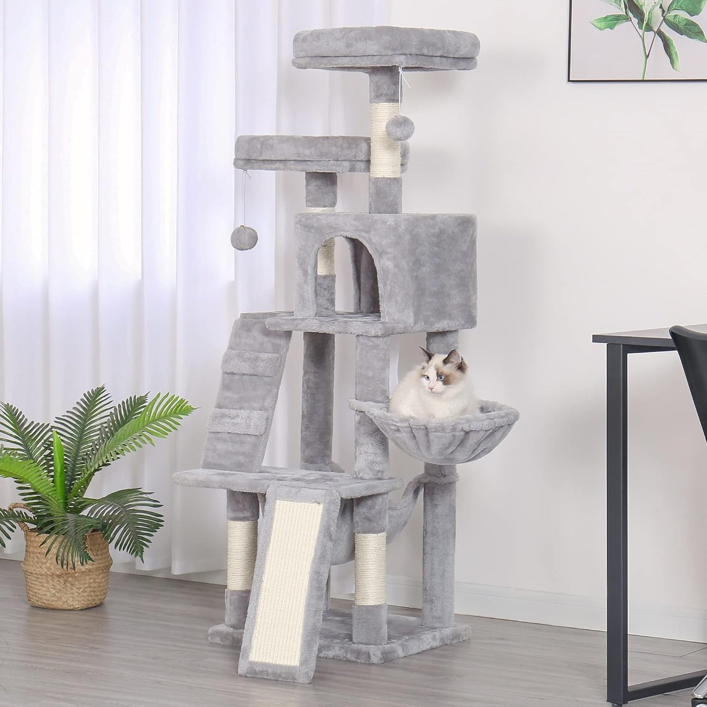 Heybly Cat Tree, Cat Tower for Indoor Cats,Multi-Level Cat Furniture Condo for Cats with Padded Plush Perch, Cozy Basket and Scratching Board Light Gray HCT014W